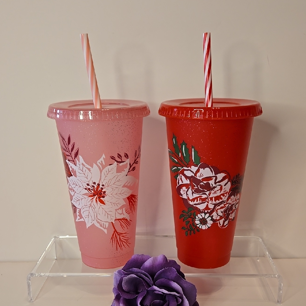 Starbucks Floral Pink & Red 24oz Tumbler Duo NWOT – Reusable Cold Cups + Straws
